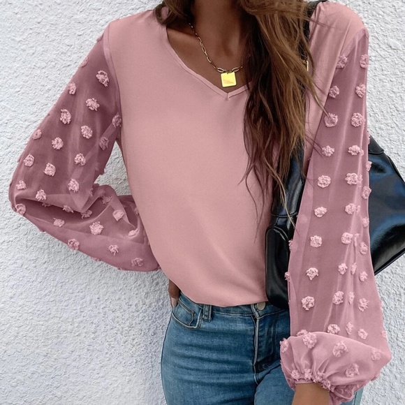 BellanBlue Tops - Swiss Dot Sheer Sleeve V neck Minimalist Top